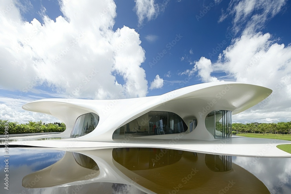 A modern architectural structure with flowing shapes and reflective water features. A modern architectural structure with flowing shapes and reflective water features.