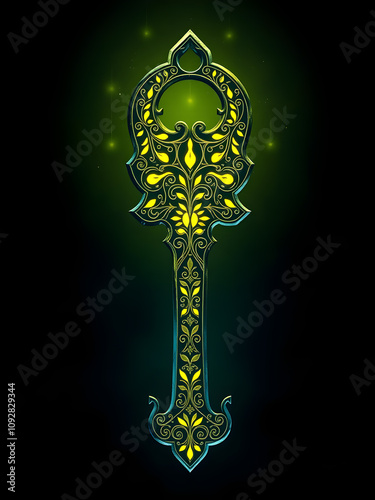 A magical key with intricate carvings glowing in the dark illustration. Generative AI photo