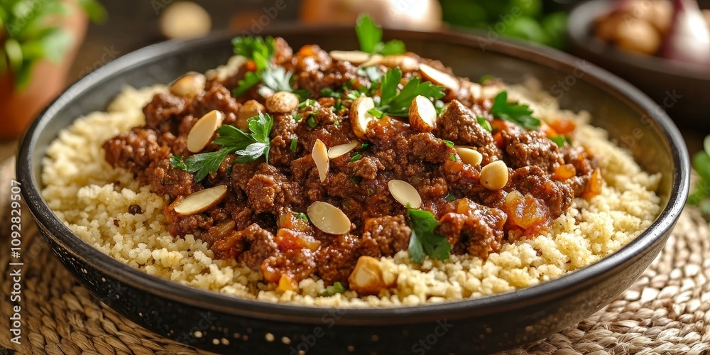 Savor the flavors of spicy minced beef, prepared in a Moroccan style, paired with herb infused couscous. Enjoy this spicy minced beef dish garnished with cashew nuts, almond slivers, and fried onions. Savor the flavors of spicy minced beef, prepared in a Moroccan style, paired with herb infused couscous. Enjoy this spicy minced beef dish garnished with cashew nuts, almond slivers, and fried onions.