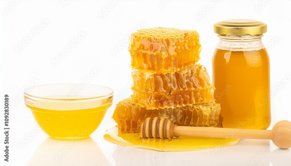 Honeycomb honey and liquid honey isolated on white background. ai generated