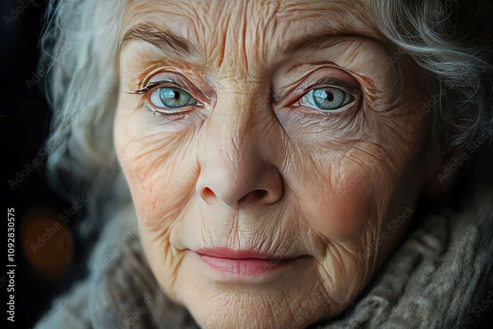 Portrait of an elderly woman with wise and insightful blue eyes, her face shows deep wrinkles indicating rich life experience. Portrait of an elderly woman with wise and insightful blue eyes, her face shows deep wrinkles indicating rich life experience.