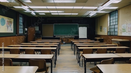 A vacant classroom with desks arranged in rows and a chalkboard at the front.