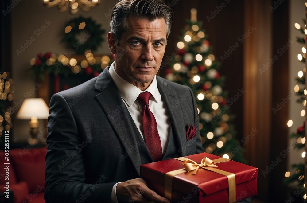 senior man in suit holding gift box in christmas room senior man in suit holding gift box in christmas room