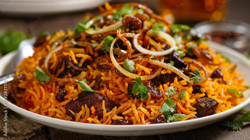A plate of Pakistani biryani, with fragrant basmati rice cooked with spiced meat or vegetables, garnished with fried onions, raisins, and fresh herbs, for a flavorful and aromatic meal. A plate of Pakistani biryani, with fragrant basmati rice cooked with spiced meat or vegetables, garnished with fried onions, raisins, and fresh herbs, for a flavorful and aromatic meal.