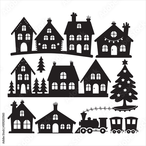 set of vector christmas village silhouette	
