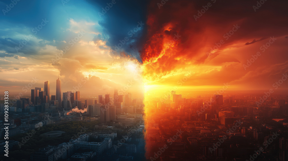 Fototapeta premium Urgency of climate action seen through contrasting landscapes of a city affected by climate change. A striking visual shows a cityscape split between a serene blue sky and a chaotic orange storm