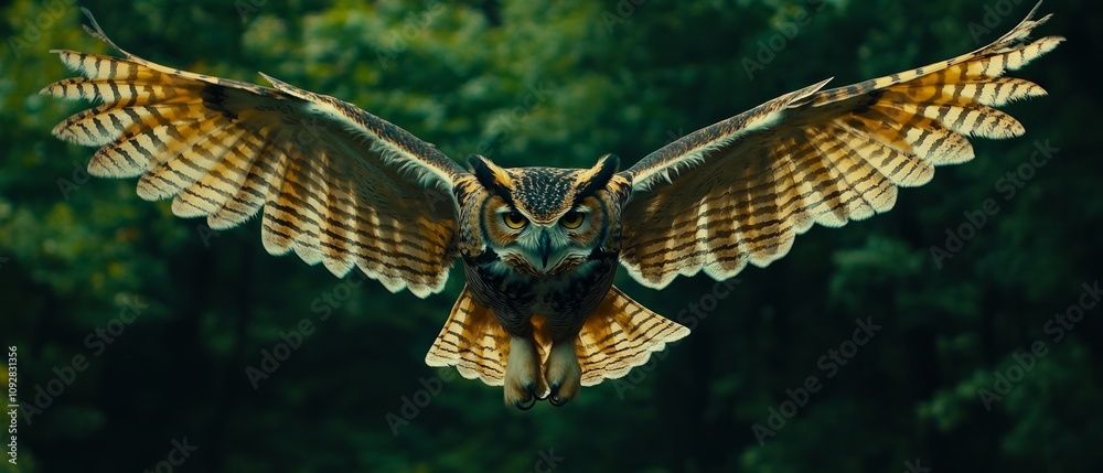 An owl elegantly flies through lush green trees, showcasing its impressive wingspan under the soft light of evening. Nature's beauty unfolds in this moment An owl elegantly flies through lush green trees, showcasing its impressive wingspan under the soft light of evening. Nature's beauty unfolds in this moment