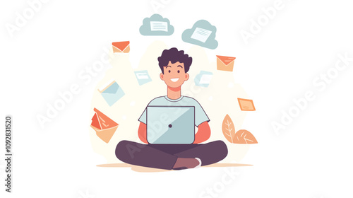 Young Man with Cloud Computing Technology. Handsome Guy Using Internet Connection for Work and Communication.