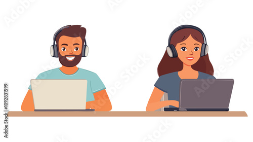 Professional Call Center Characters Answering Calls Business Concept