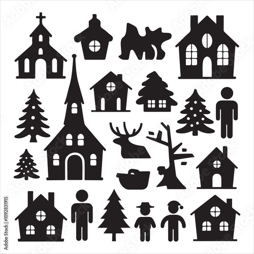 set of vector christmas village silhouette	
