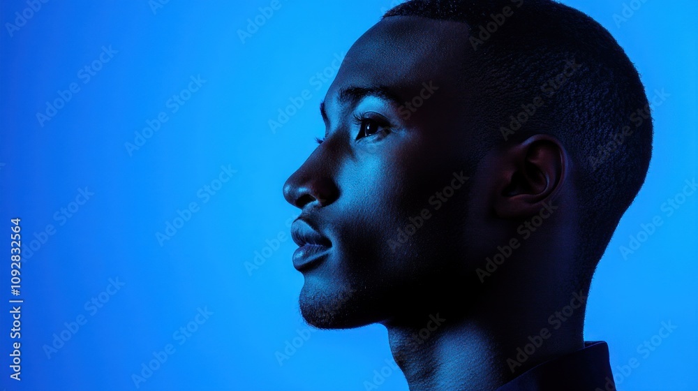Profile of a person illuminated by blue light, showcasing facial features and expression. Profile of a person illuminated by blue light, showcasing facial features and expression.