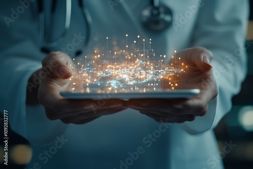 A doctor in a medical coat holds a digital tablet, displaying advanced technology with glowing digital graphics. A representation of modern healthcare innovation. photo