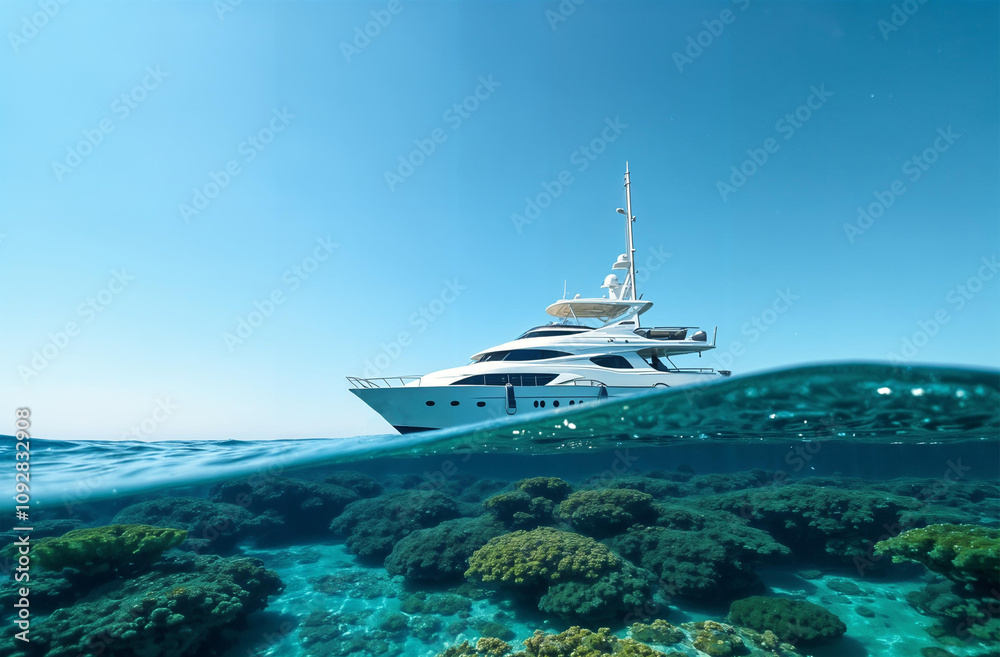Naklejka premium Ship yacht on surface of ocean water, sea corals underwater. AI Generative