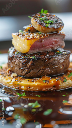 Vertical close-up of Tournedos Rossini featuring filet mignon topped with foie gras, truffle, and a crouton, drizzled with Madeira sauce and garnished with fresh parsley