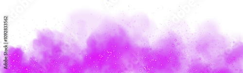 Fantastic purple smoke background. Magic purple smoke with glitter and small particles of twinkling stars. Fog with luminous particles. Purple vapor with stardust. Morning fog over land or water surfa