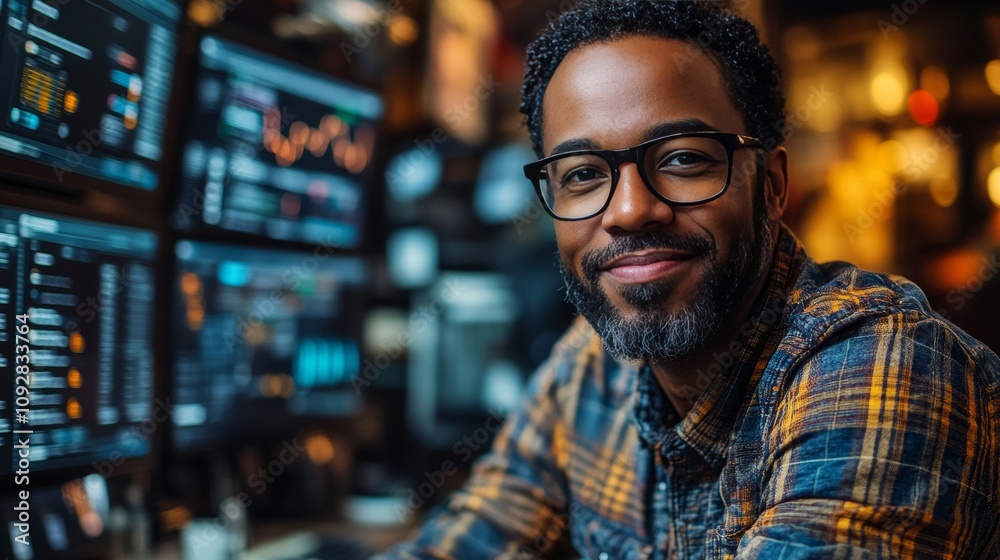 Smiling Young Man with Glasses Working in Modern Office Environment Surrounded by Computer Screens Displaying Data and Analytics in Professional Setting Smiling Young Man with Glasses Working in Modern Office Environment Surrounded by Computer Screens Displaying Data and Analytics in Professional Setting