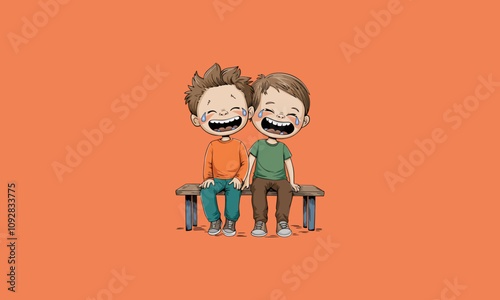 Two boys laughing together on a bench cartoon vector.