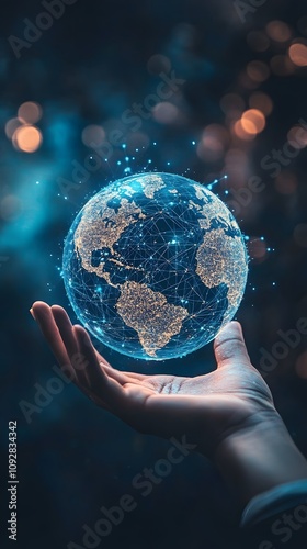 Digital technology background with a hand holding a blue globe and world map, symbolizing the global network of internet connections for online business and connectivity