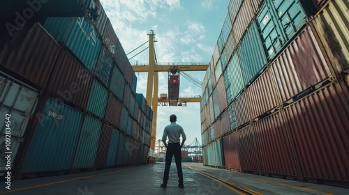 Back view of a logistics coordinator ensuring stock container being lifted at shipping port front view Cargo handling efficiency photo