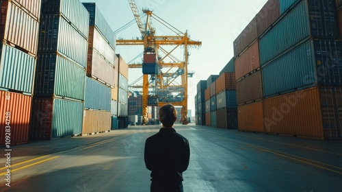 Back view of a logistics coordinator ensuring stock container being lifted at shipping port front view Cargo handling efficiency photo