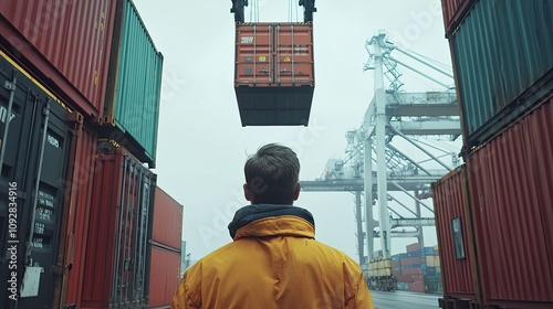 Back view of a logistics coordinator ensuring stock container being lifted at shipping port front view Cargo handling efficiency photo