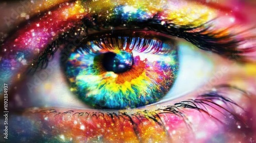A vibrant, cosmic eye design merging colors and space themes.