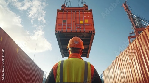 Back view of a logistics coordinator ensuring stock container being lifted at shipping port front view Cargo handling efficiency photo