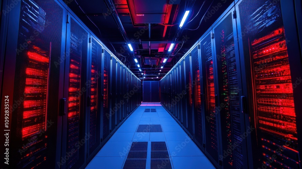 A corridor of servers illuminated by red and blue lights in a data center. A corridor of servers illuminated by red and blue lights in a data center.