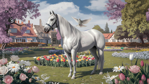 A white horse is standing in a park full of flowers and a beautiful dove is sitting on top of it