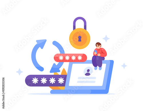 change password concept. update or change account security and protection system. system and lock code. illustration of man changing his laptop password. flat style design. element