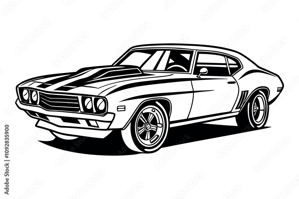 Naklejka premium Classic muscle car silhouette in black and white vector illustration