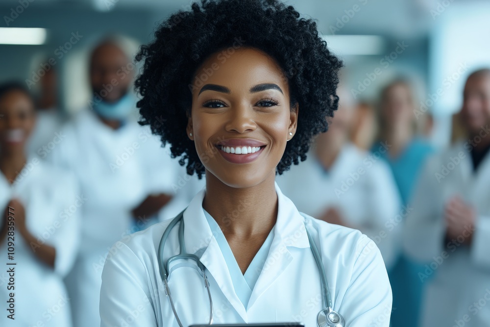 A confident female doctor, wearing a stethoscope, smiles in the foreground while her colleagues clapped in the background, capturing a moment of achievement in healthcare. A confident female doctor, wearing a stethoscope, smiles in the foreground while her colleagues clapped in the background, capturing a moment of achievement in healthcare.