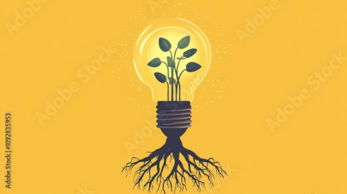 Bright light bulb with roots, ideas taking root and growing, flat design illustration 