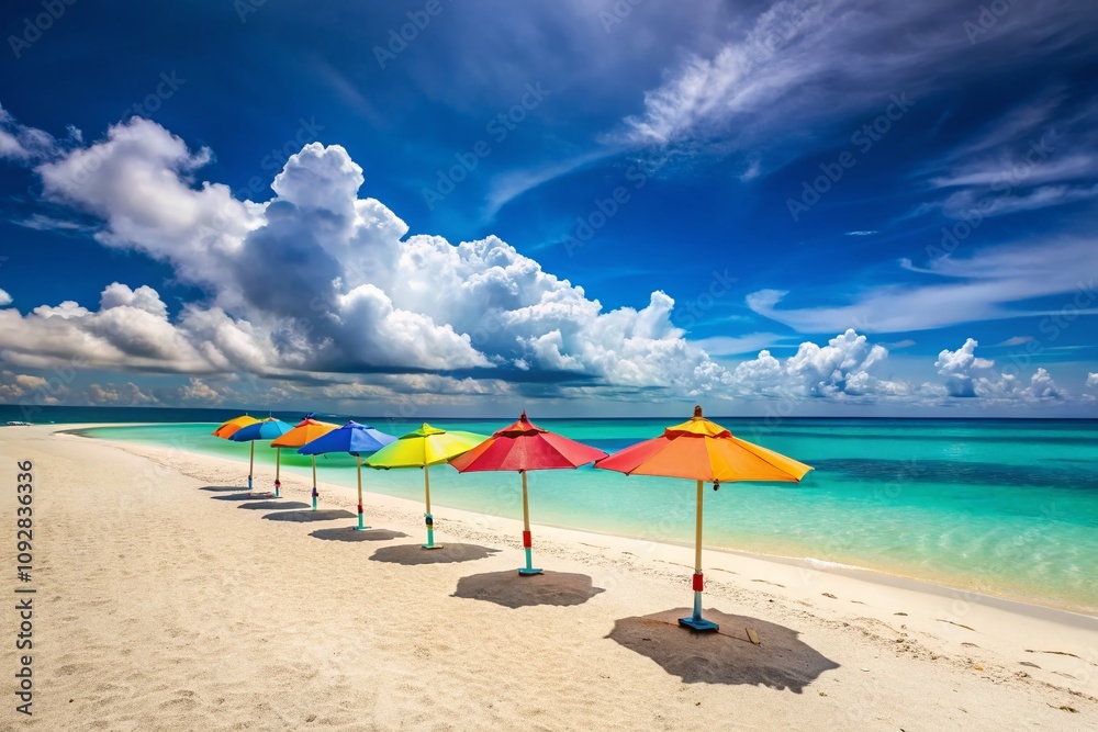 Fototapeta premium Minimalist Beach Scene with Colorful Umbrellas on Bantayan Island, Philippines - A Serene Coastal Escape with Soft Sands and Clear Blue Waters for Tranquil Vacation Vibes