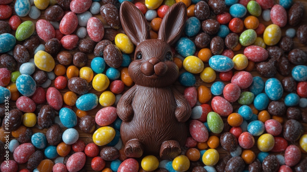 Delicious chocolate Easter bunny surrounded by colorful candies on rustic background