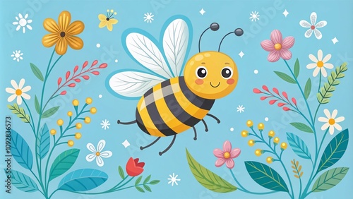 Minimalist Bee Cartoon Flying Through a Clear Blue Sky with Delicate Floral Elements, Perfect for Nature and Children's Themes in Digital Art and Illustration Projects