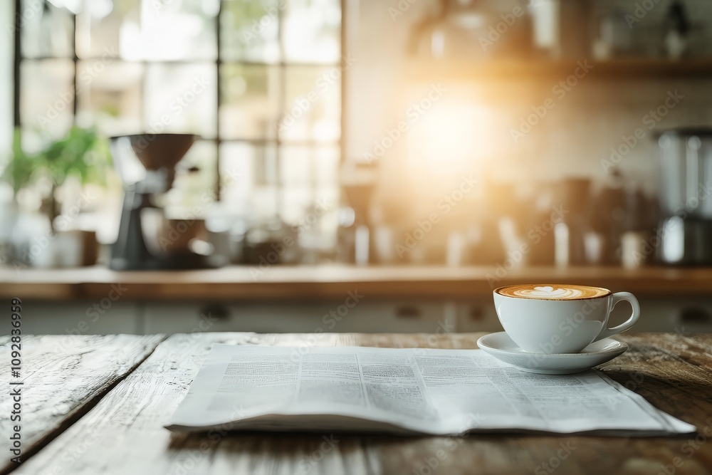 Fototapeta premium A latte with creamy art sits on a wooden table beside a newspaper in a cozy, sunlit cafe, reflecting comfort, relaxation, and morning rituals.