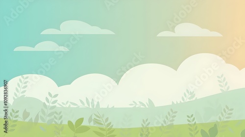 A background designed with paper texture using nature as the subject of spring, such as rivers, mountains, trees, flowers, sun, clouds, hills, and water.