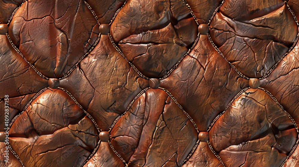 A close-up of a brown leather texture with a diamond pattern and button accents. A close-up of a brown leather texture with a diamond pattern and button accents.