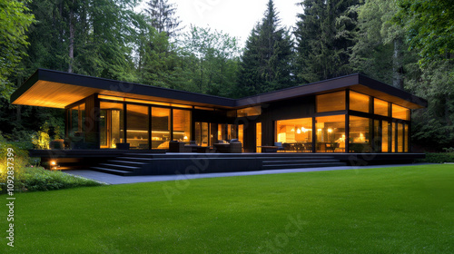 Modern house in a wooded area. The house has a stylish design using glass and wood.Trees and shrubs grow around the house, which creates a harmonious and secluded atmosphere. .