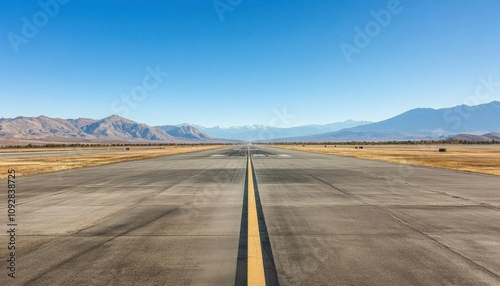 A clear runway stretches towards distant mountains under a blue sky.