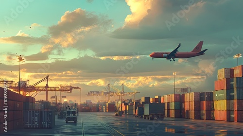 Containers in the shipping yard, shipping port, there's an airplane in the sky 