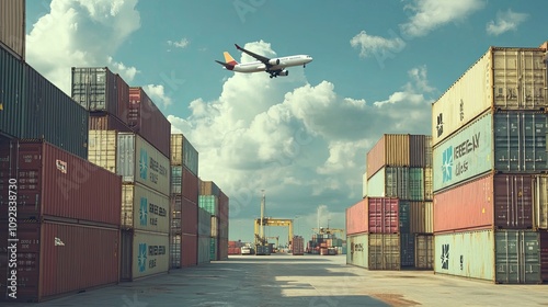 Containers in the shipping yard, shipping port, there's an airplane in the sky 