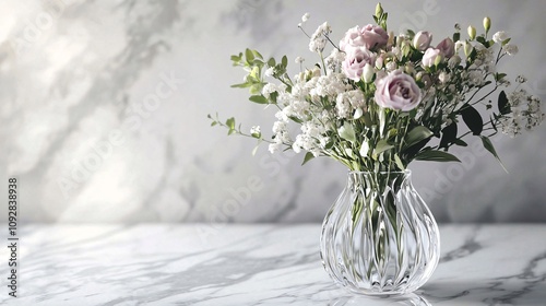 Elegant floral arrangement in a crystal vase on a marble surface. Generative AI