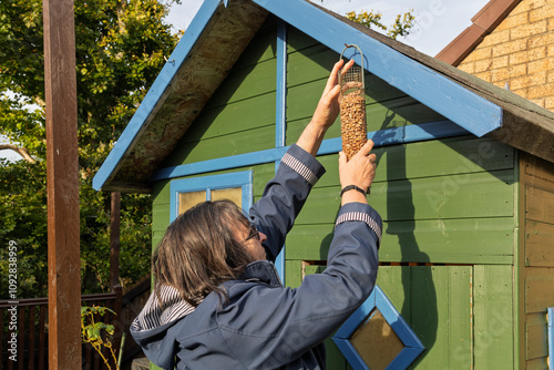 Woman in Blue Jacket Hanging Wire Bird Feeder with Seed Bird Food from Hook on Wooden Garden Playhouse With Pitched Roof photo