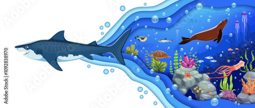Cartoon sea underwater landscape with animals and ocean paper cut waves with swimming shark. Vector 3d papercut art with marine predator, seal, corals and turtle, promoting environmental awareness