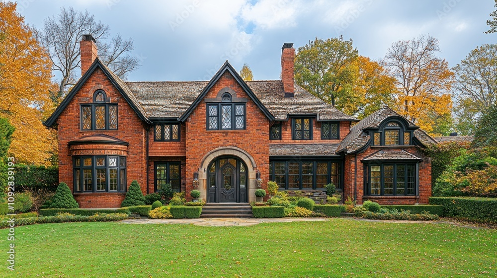 Brick Mansion in Autumn: A Luxurious Home in Fall Foliage Brick Mansion in Autumn: A Luxurious Home in Fall Foliage