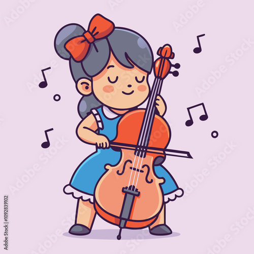 Cute Little Girl Playing Cello Violin Cartoon Vector Icon Illustration