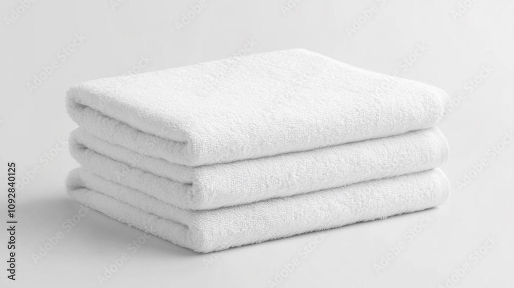 A stack of three white towels isolated on a white background A stack of three white towels isolated on a white background