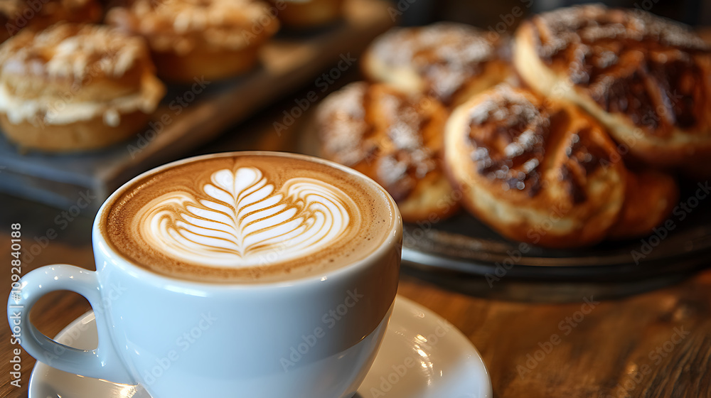 A close-up of a barista preparing a cup of freshly roasted coffee, with a selection of baked goods in the background A close-up of a barista preparing a cup of freshly roasted coffee, with a selection of baked goods in the background